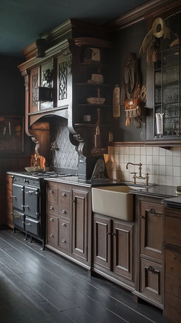 A dark, moody Victorian kitchen evokes a historic ambiance with intricate carvings and vintage details