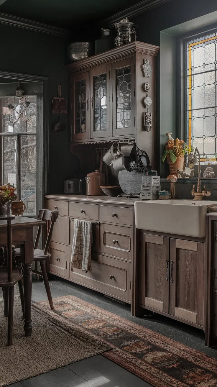 A dark green Victorian kitchen evokes a moody atmosphere with antique furniture and vintage cookware, highlighted by stained-glass detail