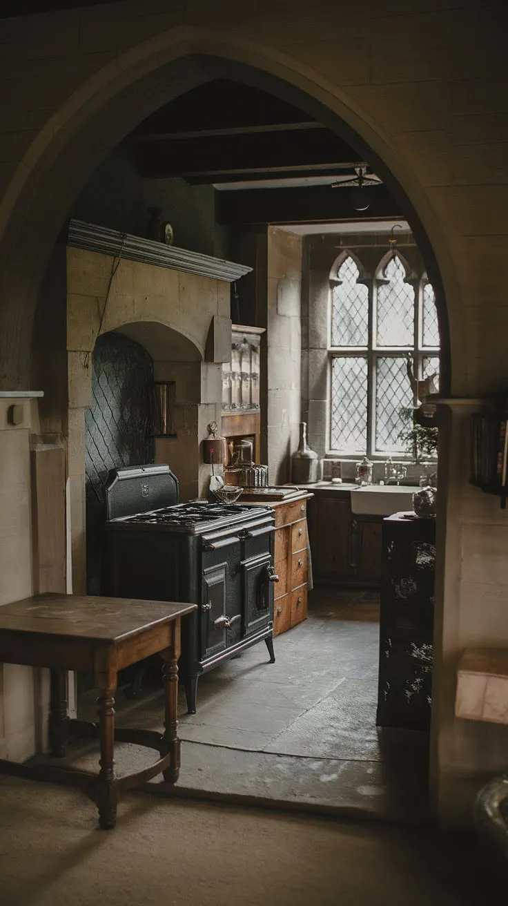 Aged stone and wood create a vintage, atmospheric Victorian kitchen in a Tudor style.