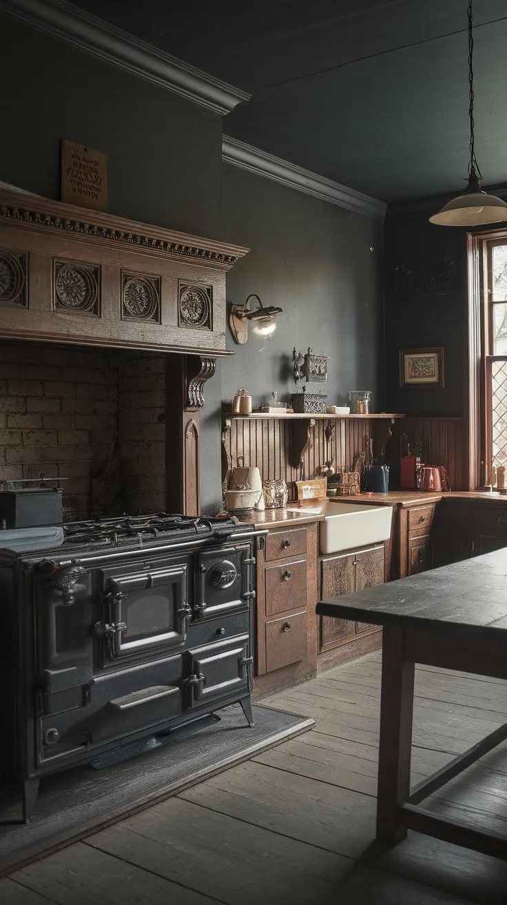 A dark, Tudor-inspired Victorian kitchen boasts intricate woodwork, a grand fireplace, and vintage charm.