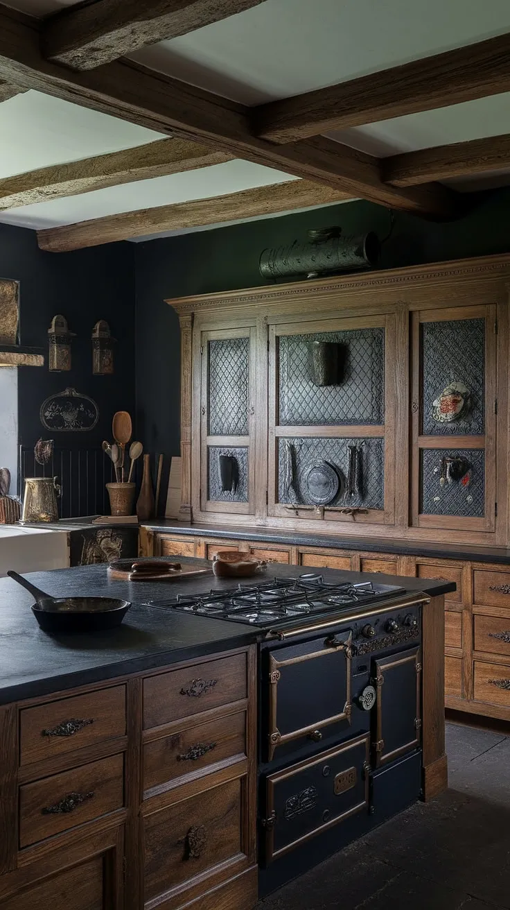 Intricate carvings and dark stone define this moody Victorian kitchen's Tudor-inspired design.