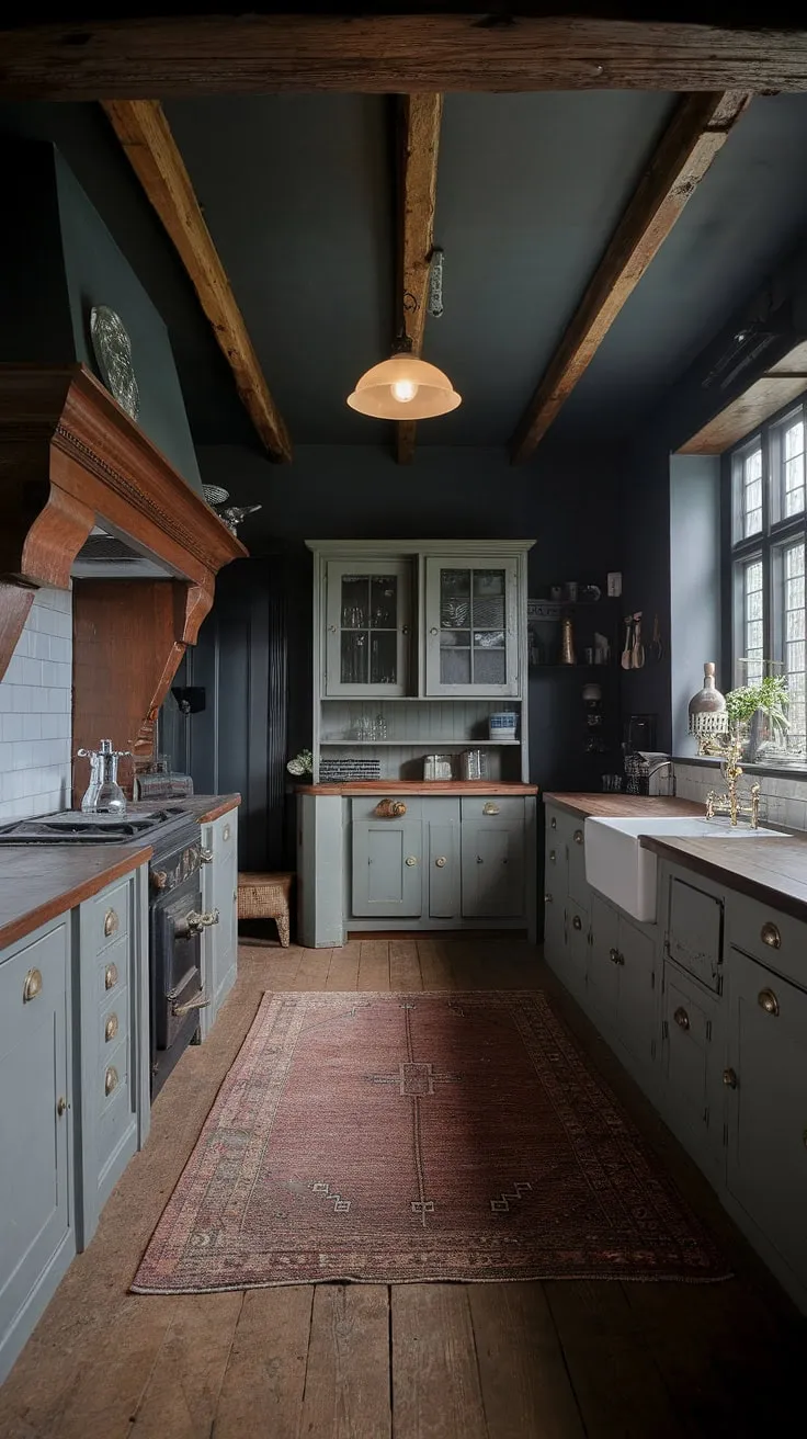Dark grey walls and aged wood create a moody, Tudor-inspired Victorian kitchen.