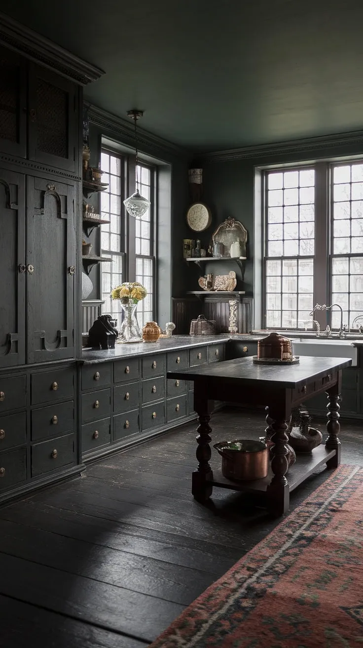 Dark wood and moody greens create a captivating Victorian-Tudor kitchen, rich with vintage details and natural light