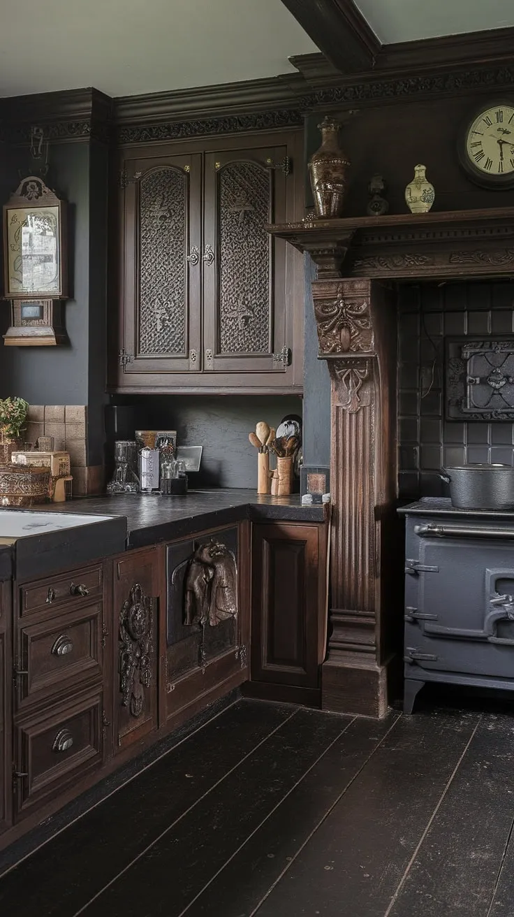Dark brown woodwork and vintage details create a moody, Tudor-style Victorian kitchen aesthetic
