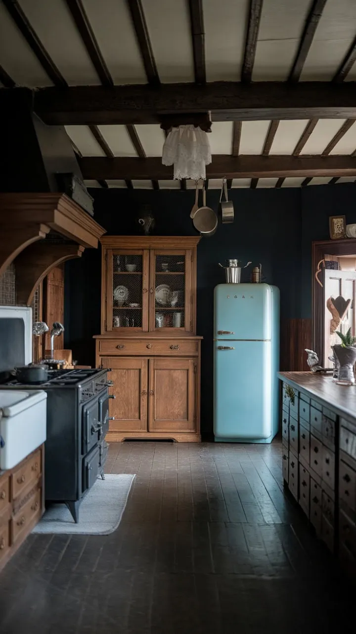 Experience the enchanting blend of antique charm and culinary artistry in a Tudor-style kitchen that invites you into a warm, mysterious world.