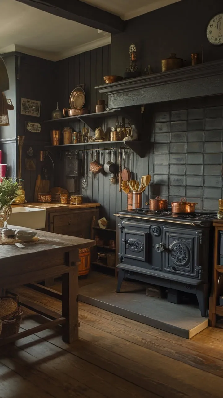 This Tudor-style kitchen, brimming with copper pots and aged wood, harmonizes nostalgia and warmth in a culinary haven.