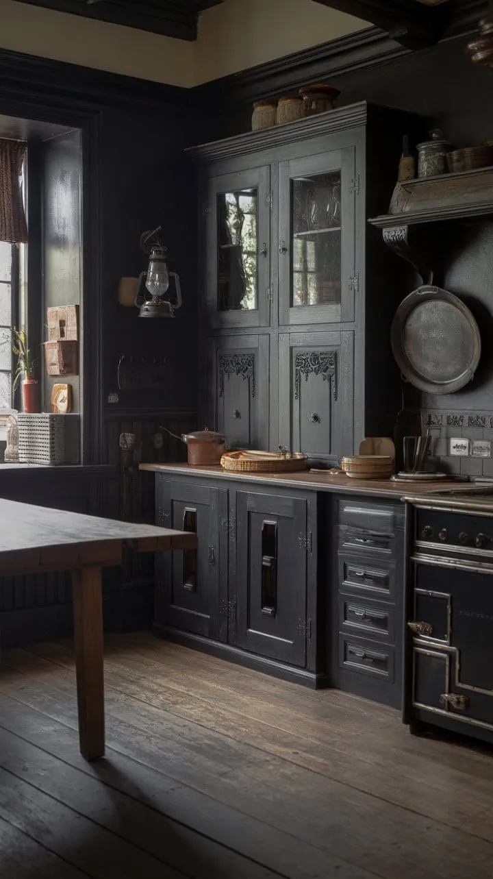 In the shadowy embrace of a Tudor-style kitchen, antique copper gleams like forgotten treasures, while intricate carvings echo the whispers of a rich, mysterious past.