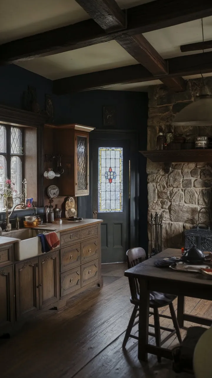 In this enchanting Victorian kitchen, the aged wood and fragrant spices beckon you to unveil the mysteries behind its stained-glass door.