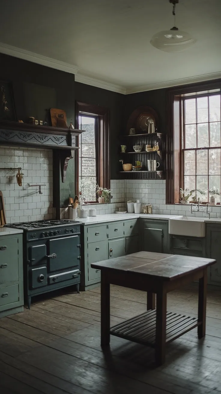 A dark green Victorian kitchen, Tudor-style with vintage cabinets and a wooden table, evokes a moody yet charming atmosphere.