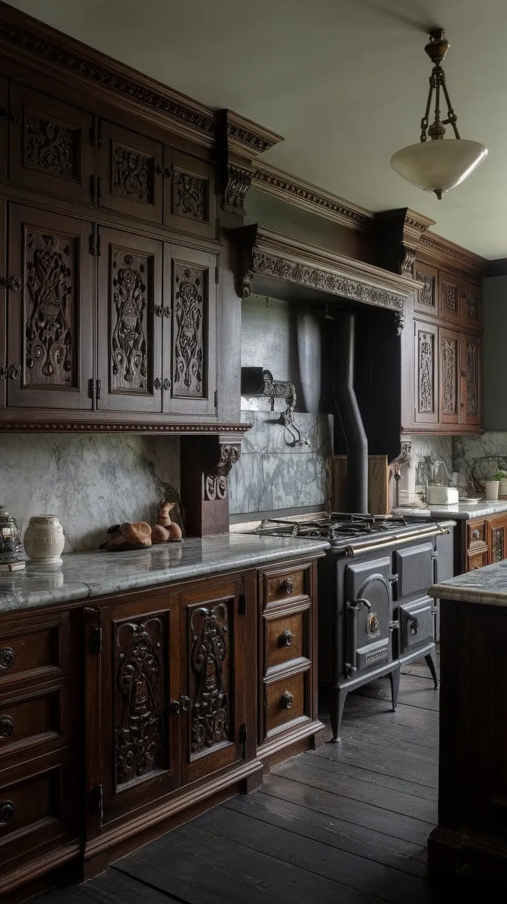 Dark wood, marble, and intricate carvings create a cozy, historic Victorian kitchen atmosphere