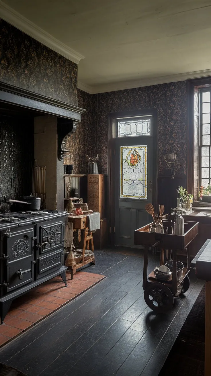 Dark wood, vintage floral wallpaper, and a large antique stove create a moody Victorian-Tudor kitchen.