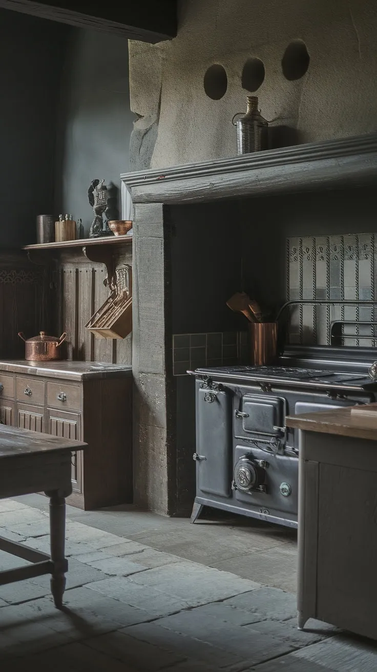 Dark, moody stone walls and antique furnishings create an authentic Victorian kitchen in a historic Tudor home.