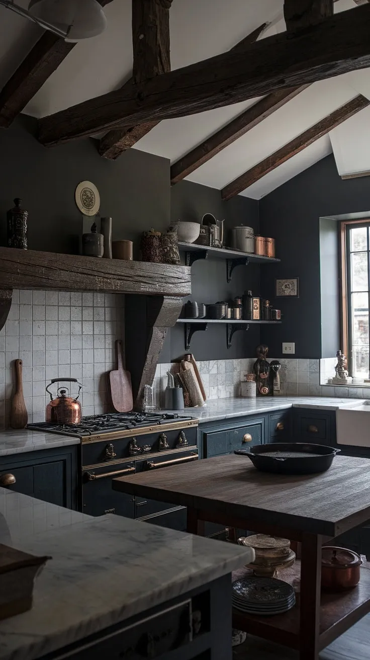 Dark grey walls and exposed beams frame a moody Victorian kitchen, its marble counters and vintage copper and cast iron adding to the rustic charm.