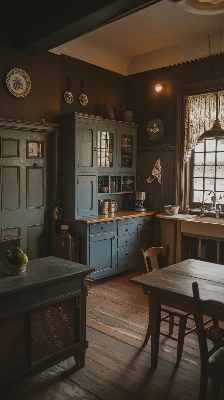 Dark wood and vintage details create a moody yet inviting atmosphere in this Tudor-style kitchen.