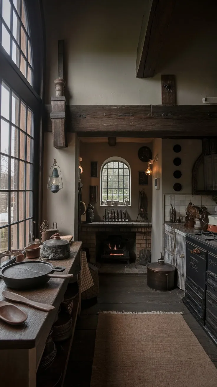 A dark, high-ceilinged Victorian kitchen, warmed by a Tudor fireplace and antique cookware, evokes a cozy historical atmosphere.