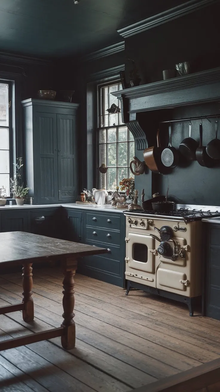 Dark, moody Victorian-style kitchen evokes a sense of old-world charm