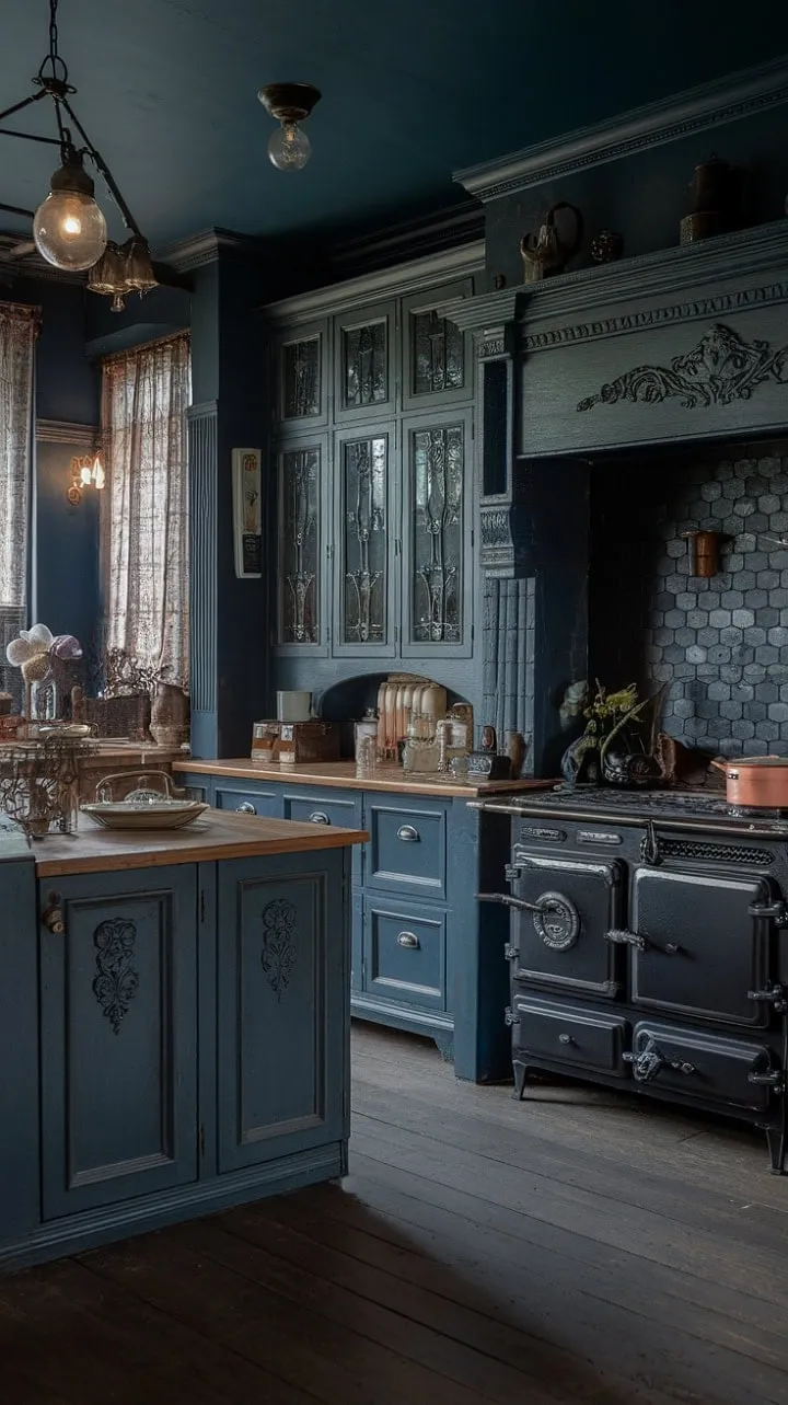 In a softly lit embrace, the dark wood and ornate Victorian carvings of the kitchen weave a captivating narrative of culinary traditions and rich history.