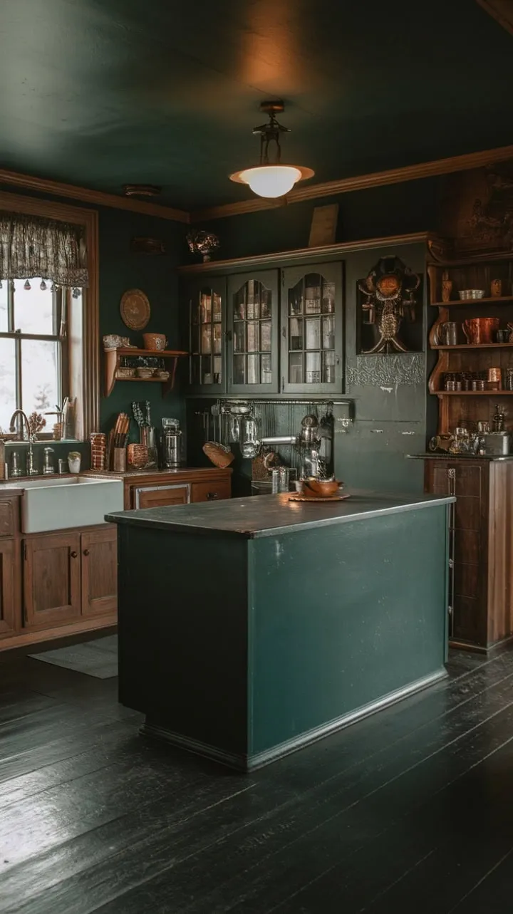 Experience the enchanting blend of opulence and nostalgia in a Victorian kitchen, where a striking green island and vintage accents invite you to savor culinary history.