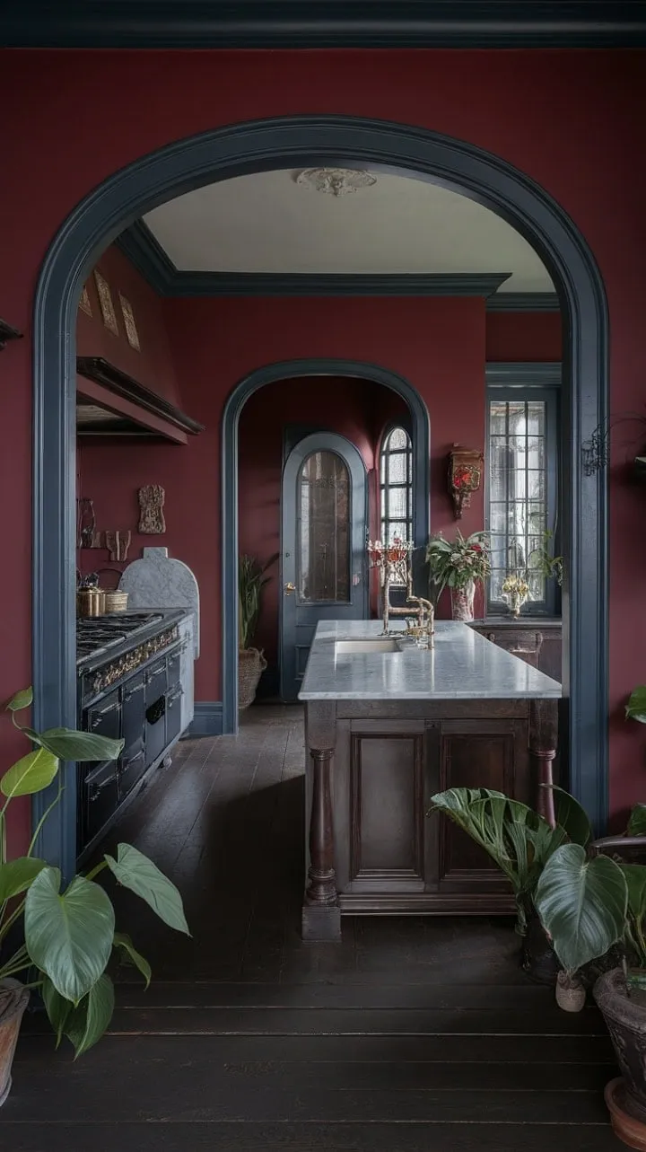 In a crimson-walled Victorian kitchen, the air is thick with culinary secrets, crafting a darkly elegant sanctuary of rich textures and timeless charm.