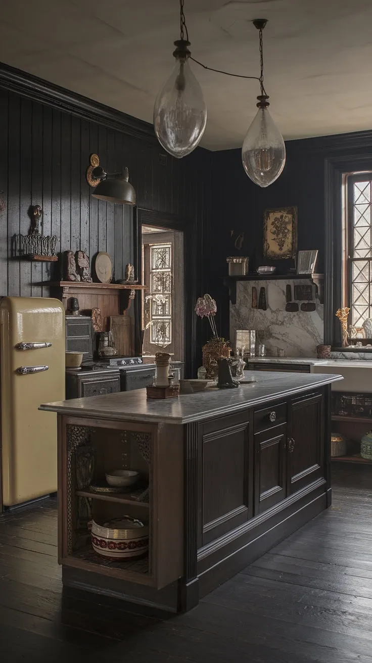 A dark, antique-filled Victorian kitchen evokes a brooding Tudor elegance.