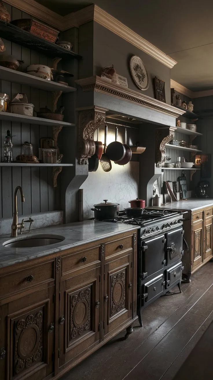 Warm light illuminates a dark, richly detailed Victorian kitchen, its carved wood cabinets and marble counters hinting at a bygone era of culinary artistry.