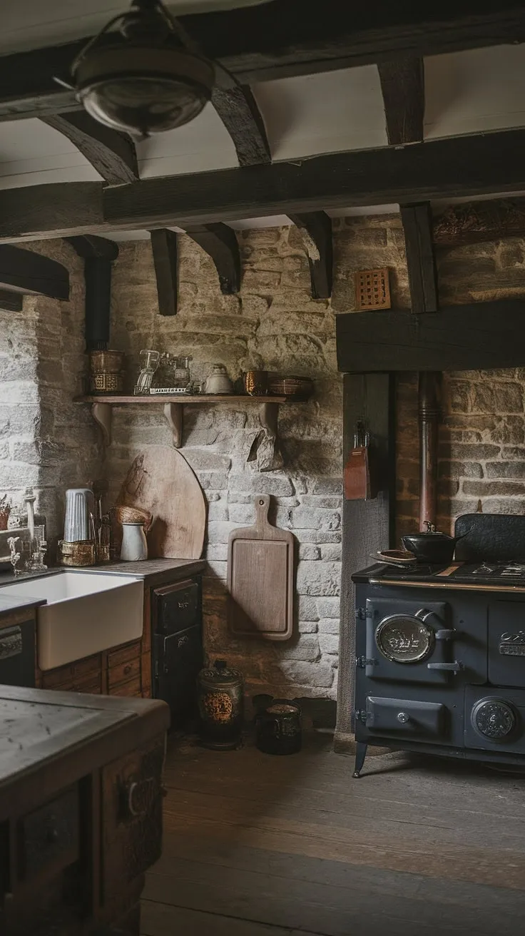 A dark and moody Victorian kitchen evokes a Tudor-style charm with antique cookware and exposed beams