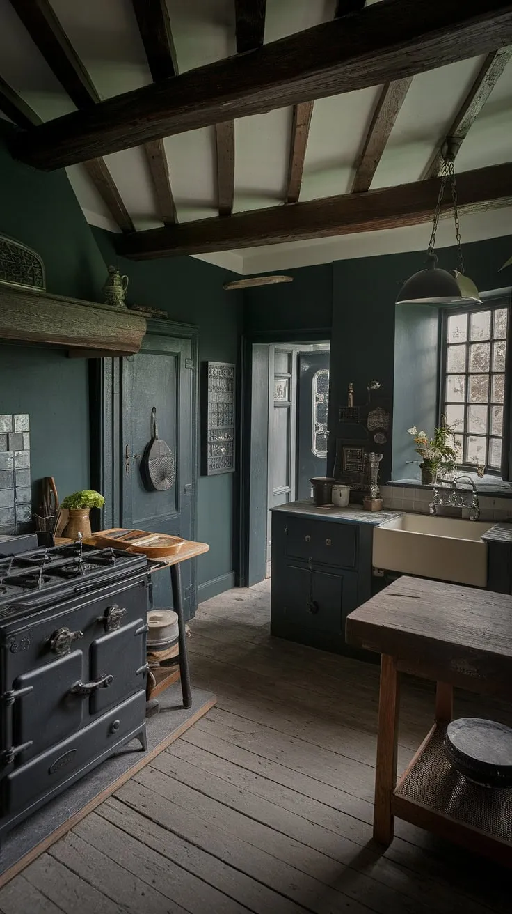 A dark green Victorian kitchen, complete with Tudor beams, antique stove, and cast iron sink, evokes a moody yet charming atmosphere.