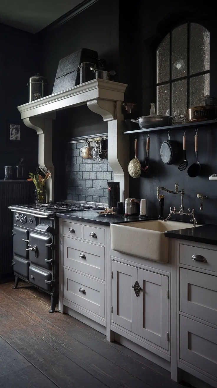 A dark, moody Victorian kitchen evokes a vintage aesthetic with its black countertops, antique stove, and dark-painted walls