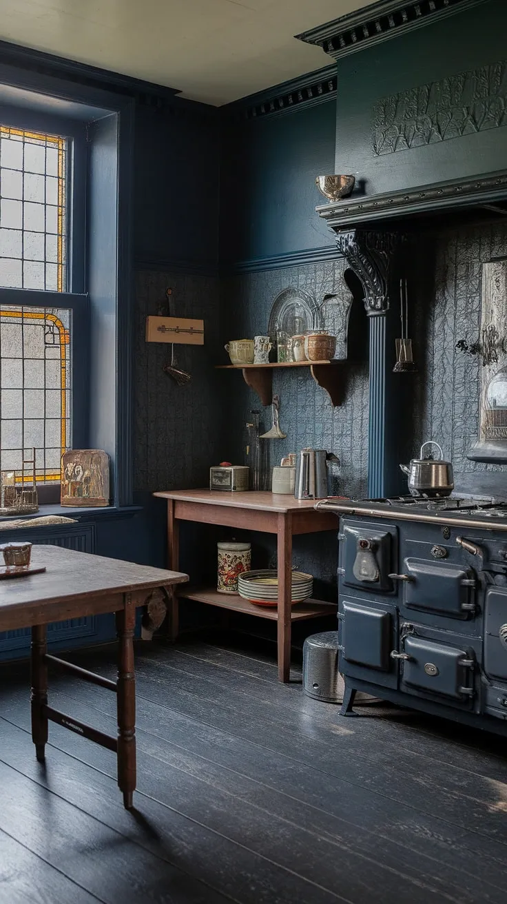 Dark blue walls and vintage details transform a Victorian kitchen into a moody, elegant space.