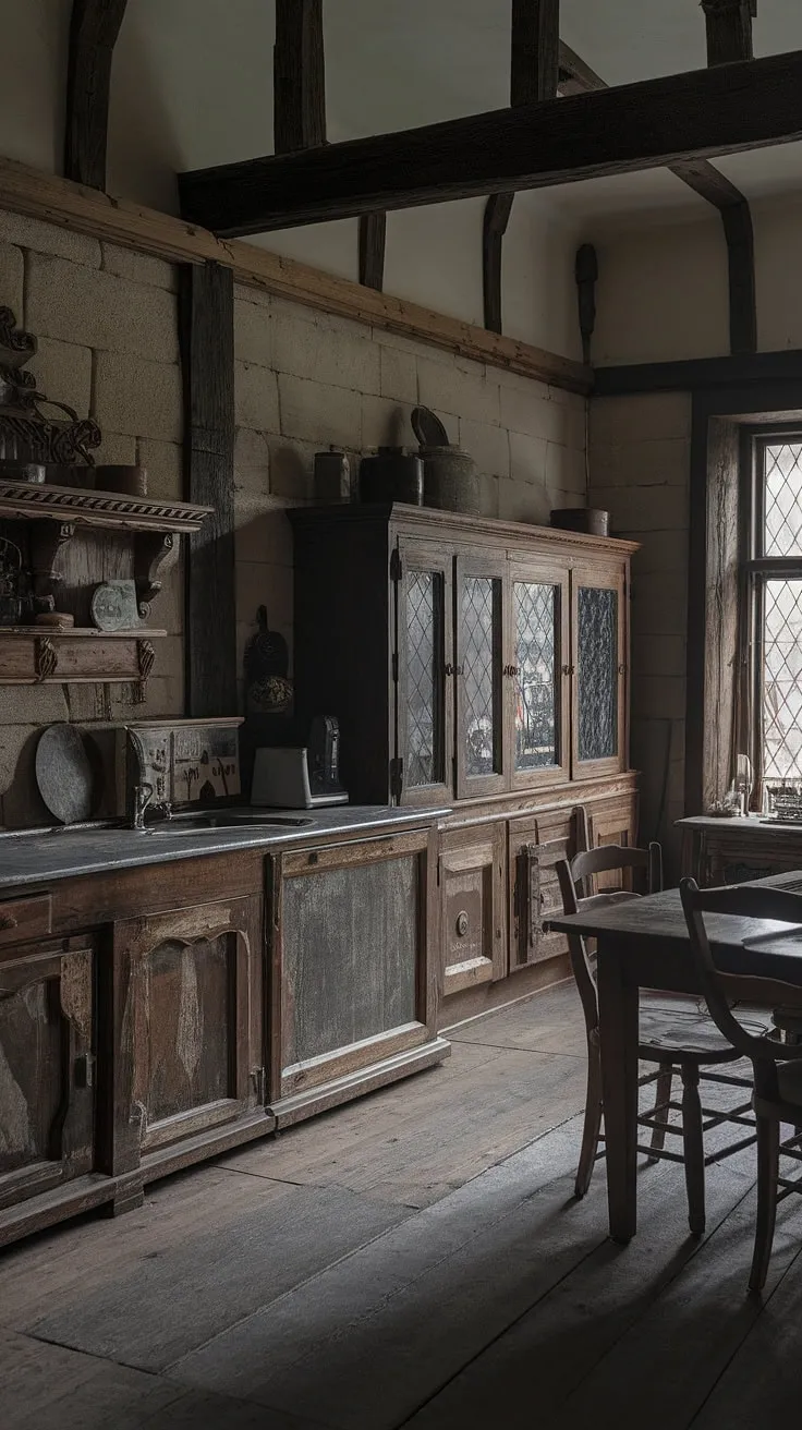 Distressed cabinetry and Tudor architecture create a vintage, atmospheric kitchen scene.