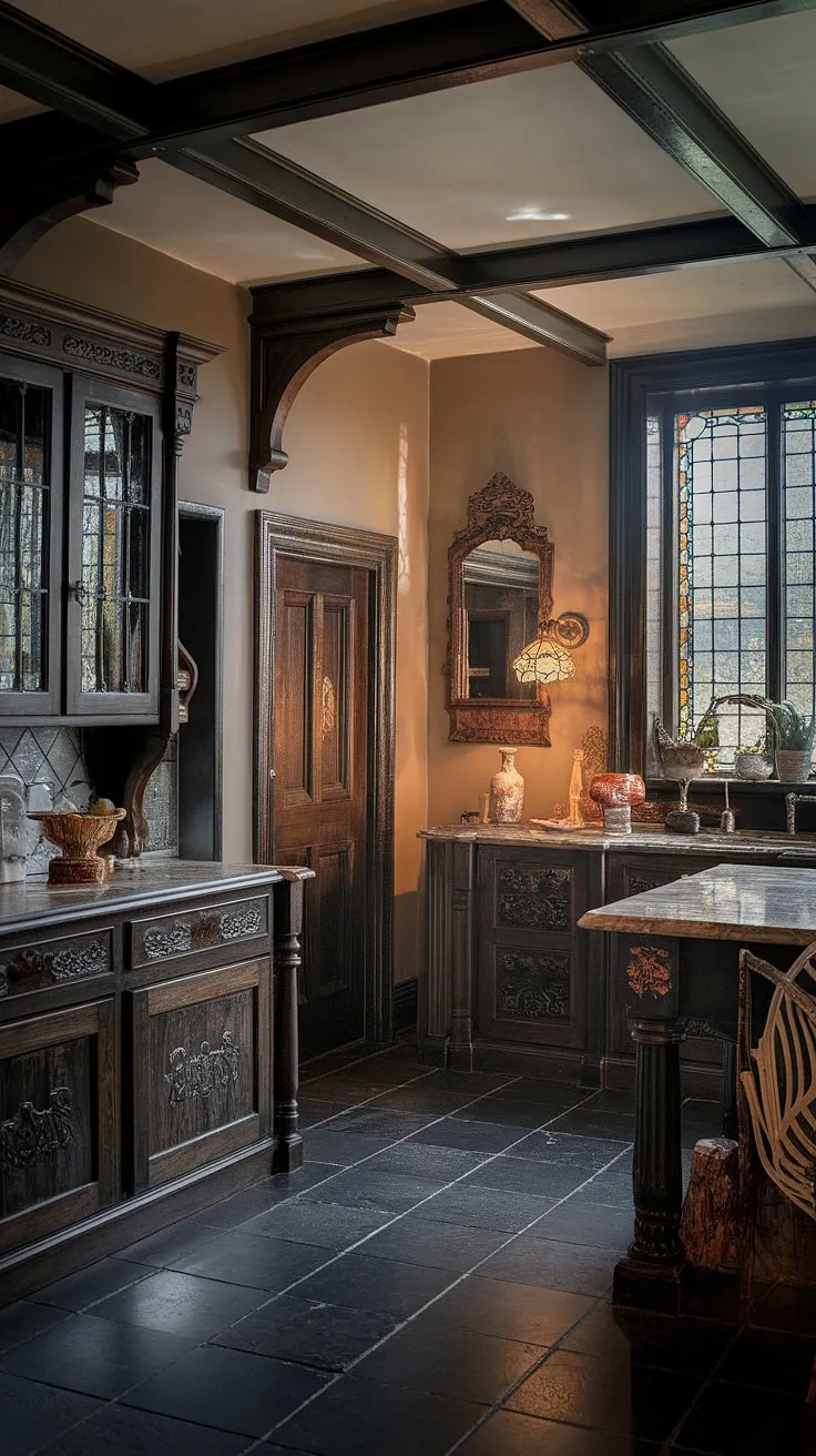 A dark, Victorian-Tudor kitchen exudes elegance with its carved cabinetry, marble island, and stained-glass window