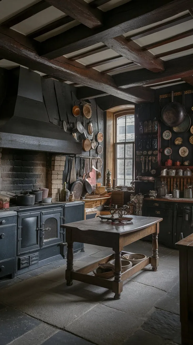 A dark, Victorian Tudor kitchen evokes a moody atmosphere with antique cookware and a grand fireplace