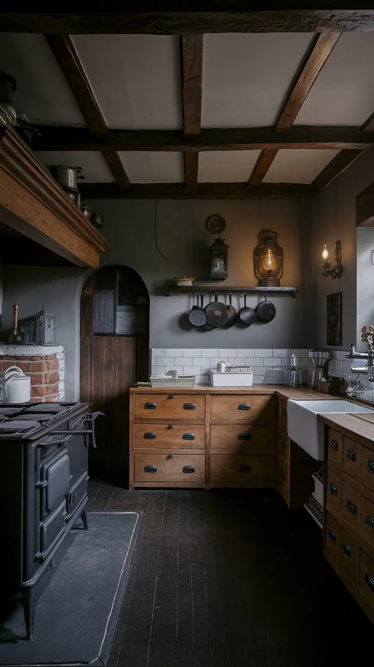 Dark wood, exposed beams, and antique appliances create a moody, atmospheric Victorian kitchen.