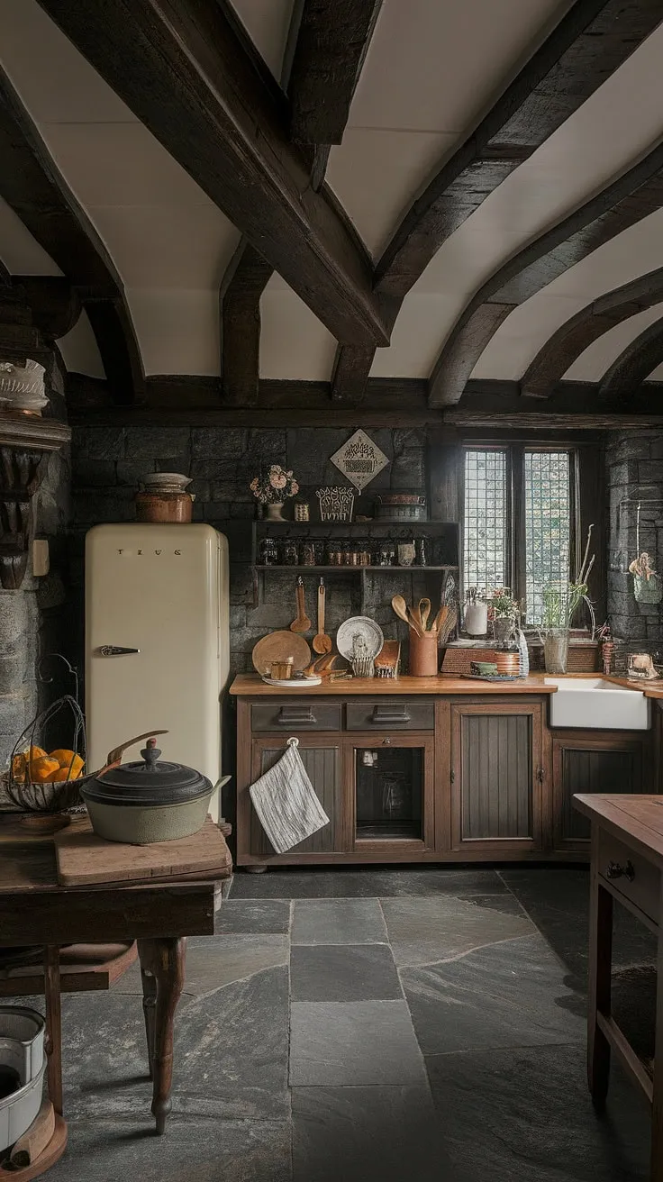 A dark, Tudor-style Victorian kitchen evokes a vintage aesthetic with stone walls, wooden beams, and antique cooking implements.