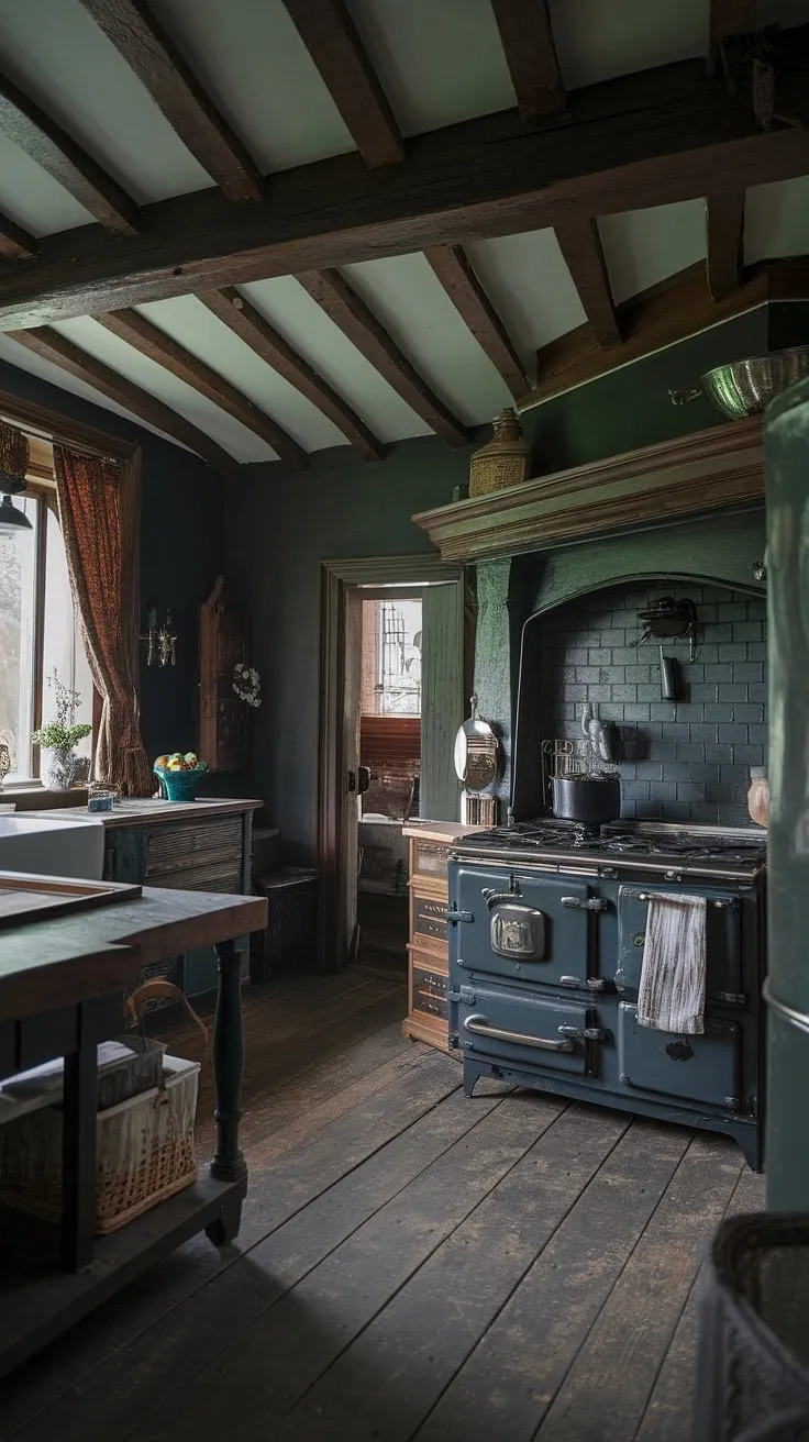 A dark green Victorian kitchen evokes a moody atmosphere with Tudor beams, antique stove, and vintage details.