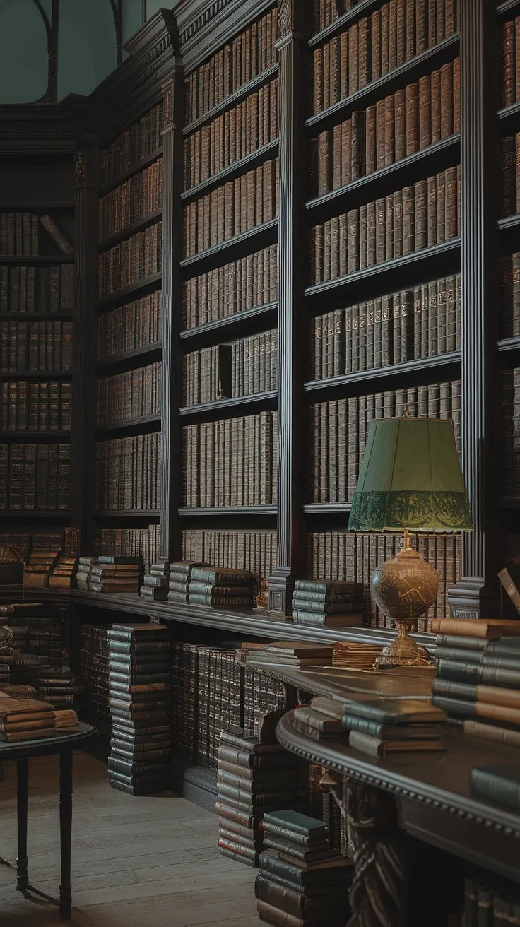The weight of history rests heavy on these shelves, each leather-bound volume a testament to the enduring power of the written word. A single green lamp casts a gentle light on the scattered tomes, inviting exploration and contemplation. A haven for scholars and dreamers alike, this Victorian library offers a glimpse into a world of untold stories.