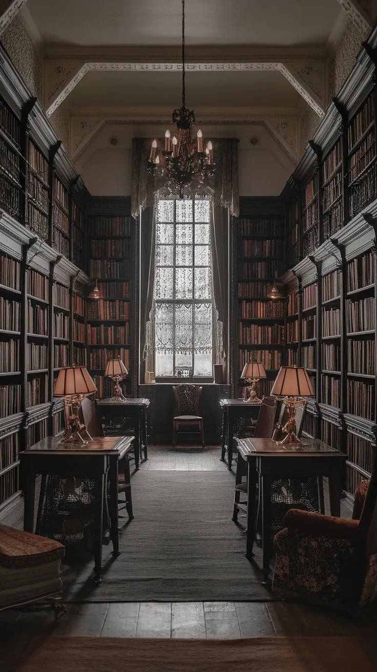 A hushed reverence permeates this Victorian sanctuary. Rows upon rows of leather-bound volumes, each a portal to another world, line the walls. A single shaft of sunlight, filtering through the lace-draped window, illuminates dust motes dancing in the air. A place of profound solitude, a haven for the studious, a repository of knowledge both ancient and arcane. A hidden world, waiting to be discovered.