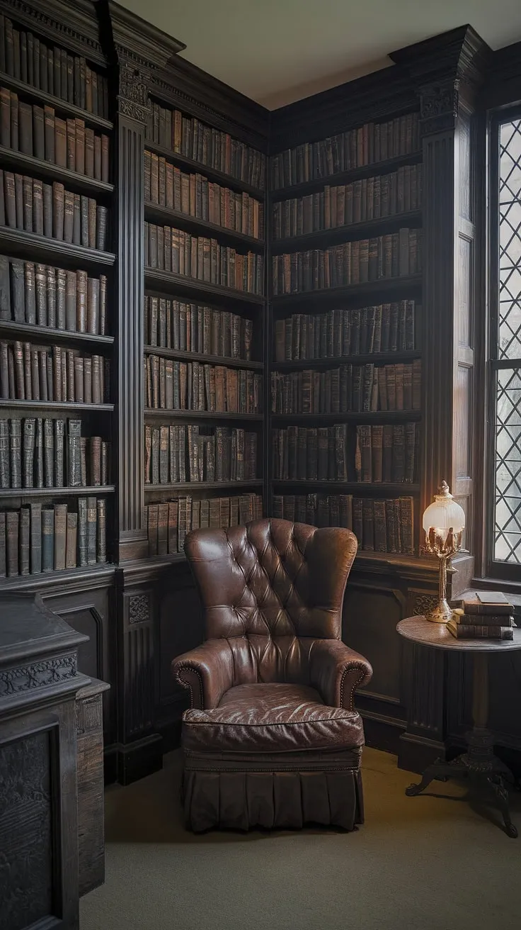 Lost in the hushed whispers of aged paper and leather-bound tales, a sanctuary of gothic shadows and untold stories. The scent of aging ink and forgotten lore hangs heavy in the air, a testament to the enduring power of words. A single lamp illuminates the path to untold adventures.