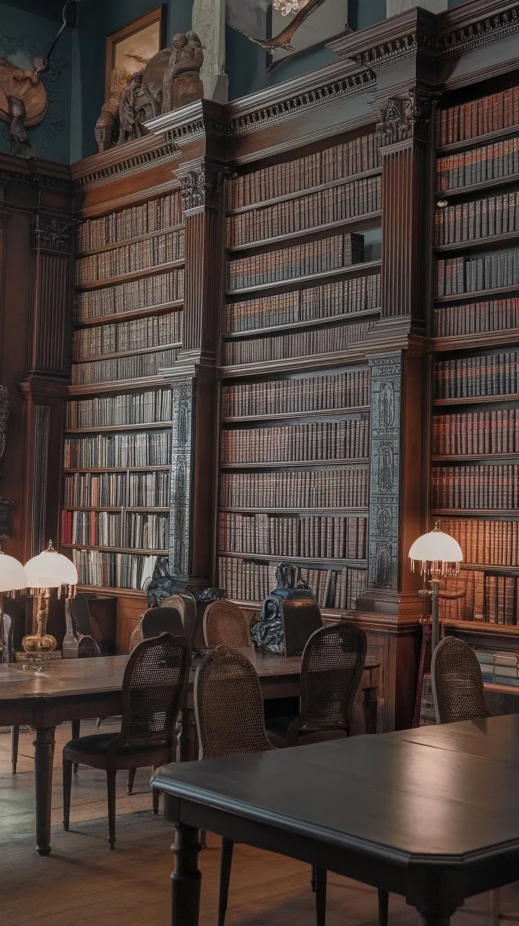 The scent of aged paper and leather hangs heavy in the air of this dimly lit Victorian library. Rows upon rows of classic gothic novels beckon, promising tales of mystery and intrigue. A comforting silence reigns, broken only by the gentle rustle of pages and the soft glow of lamps illuminating the scholarly pursuit. A perfect escape into the world of dark academia.