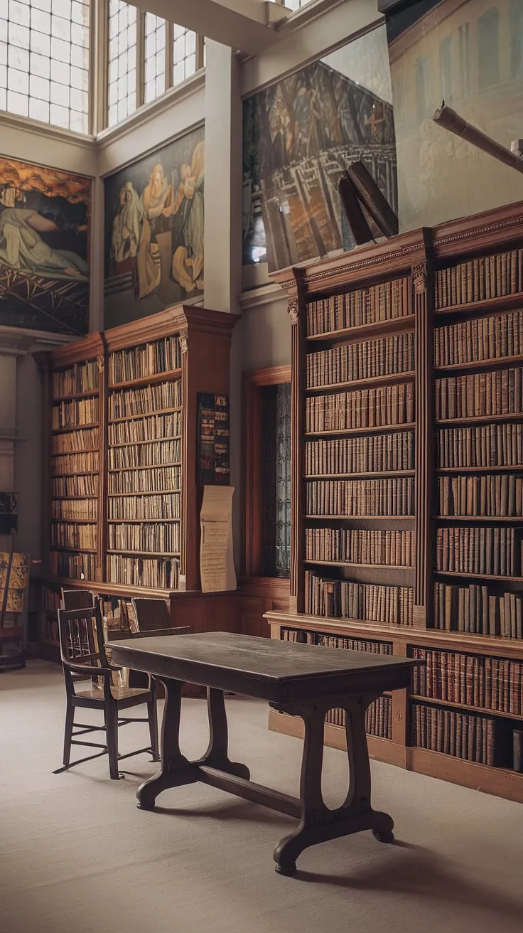Sunlight streams through the high windows, illuminating dust motes dancing in the air above a wooden table, ready for quiet contemplation. The air hums with the promise of discovery, a treasure trove of a untold tales waiting to be unearthed within these hallowed walls.