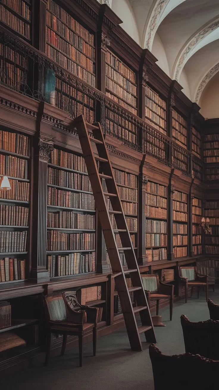 Lost in the labyrinthine shelves of a Victorian library, surrounded by the whispered secrets of gothic literature and the comforting weight of centuries-old knowledge. The scent of aged paper and leather hangs heavy in the air, a tangible reminder of countless stories waiting to be discovered. A wooden ladder, a silent sentinel, stands ready to retrieve the most elusive volumes. A haven for the studious mind, a sanctuary for the soul.