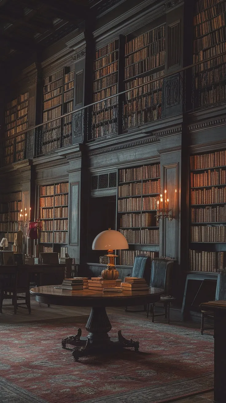 The weight of knowledge rests heavy in this dimly lit Victorian sanctuary. Dark wood panels and towering bookshelves guard secrets within their depths, each volume a portal to another time. A quiet solitude reigns, broken only by the gentle crackle of a distant candle, a perfect setting for contemplation and the pursuit of a profound understanding.