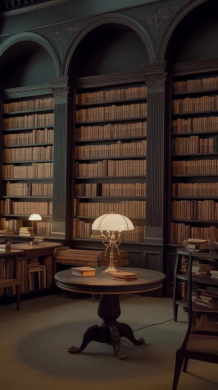 The grandeur of this Victorian library, a testament to the enduring power of literature. Dark wood, intricate carvings, and towering shelves laden with classic gothic novels create an atmosphere of both elegance and mystery. A solitary table, bathed in the soft glow of a lamp, beckons the reader to lose themselves in the pages of a timeless tale. A perfect escape, a world of shadows and secrets awaits.