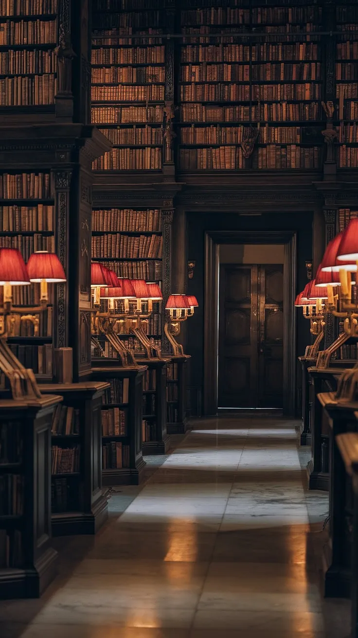 Lost in the labyrinthine shelves of a forgotten library, the warm glow of crimson lamps illuminating countless untold stories. A sanctuary of hushed whispers and leather-bound secrets, where time itself seems to stand still. A haven for the curious mind.