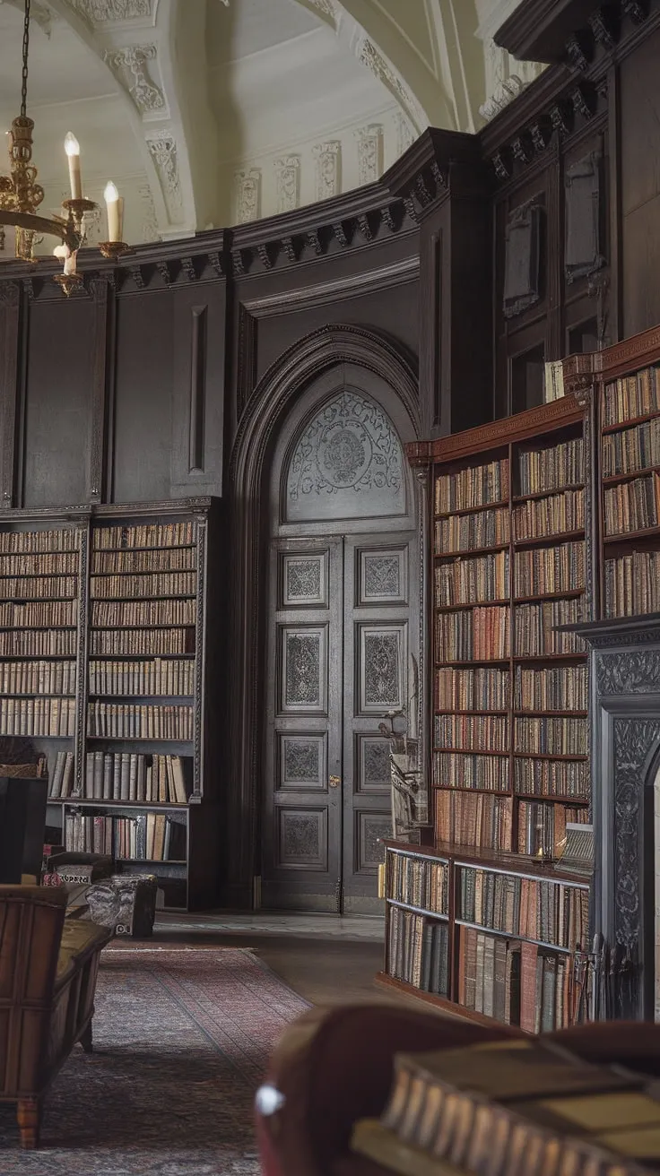 The grandeur of this Victorian library is breathtaking. A symphony of dark wood, intricate carvings, and the comforting glow of a fireplace. Rows upon rows of aged books, each a portal to another world, beckon the reader to lose themselves in their pages. A place where history whispers and imagination takes flight.