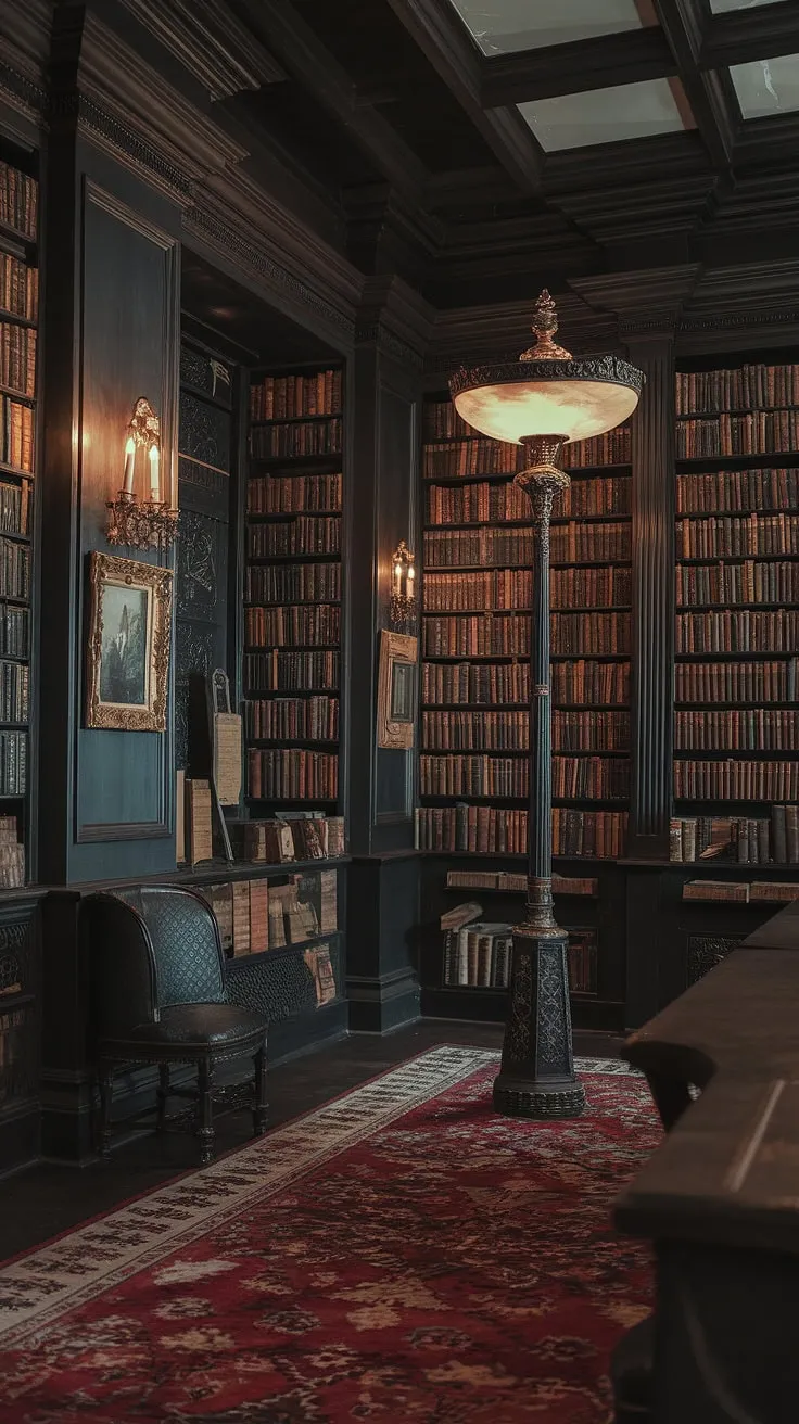 The shadows lengthen in this hallowed hall, a testament to centuries of whispered secrets and untold stories. A flickering candle in a wall sconce illuminates the rich, dark wood paneling, while the heavy tomes on the shelves stand as silent guardians of knowledge. A place where imagination takes flight.