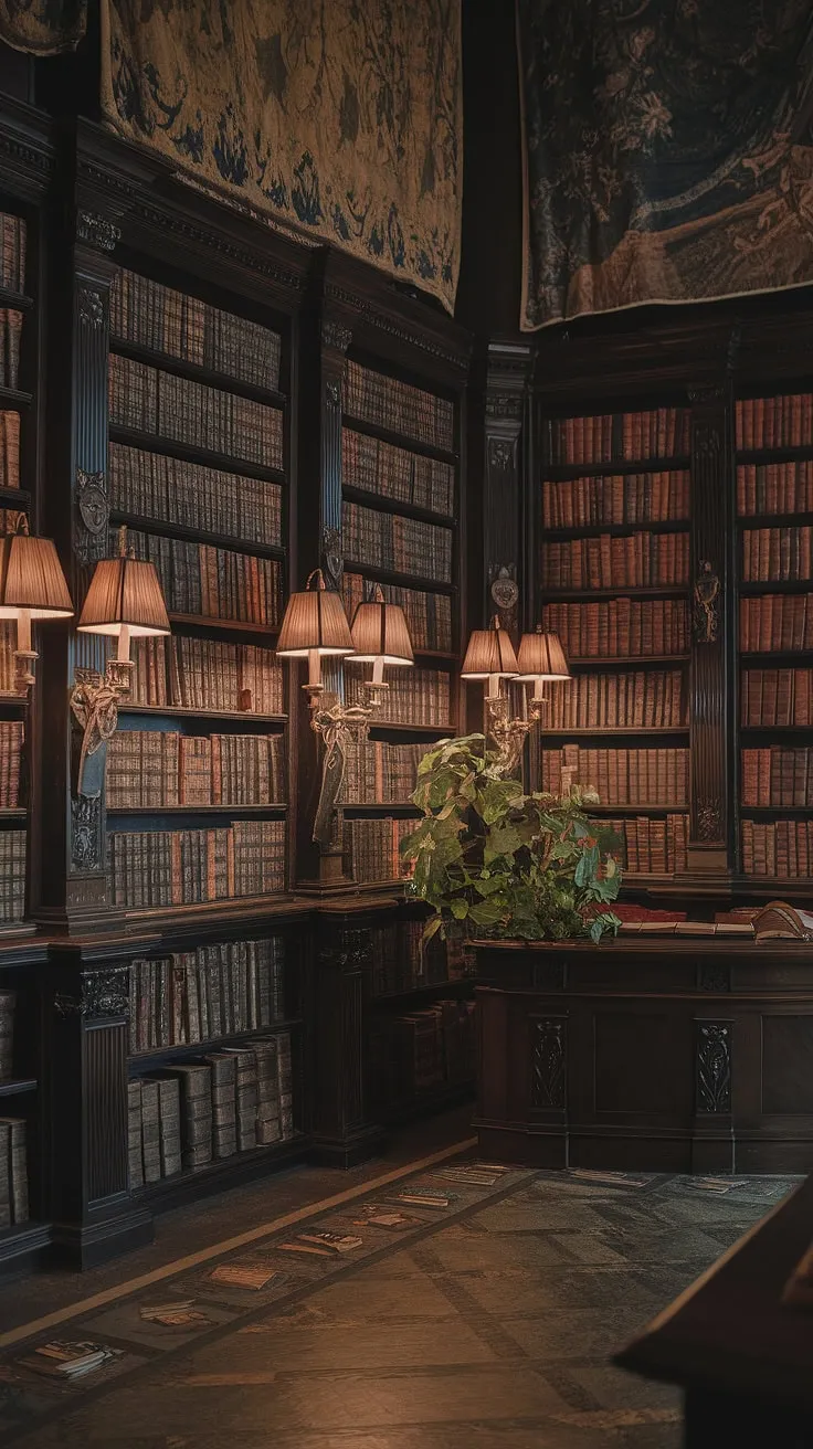 The hushed reverence of this forgotten library speaks volumes. Rows upon rows of classic gothic literature, illuminated by the soft glow of shaded lamps, invite exploration. A sanctuary of dark academia, where the weight of history rests gently on the shoulders of every book. A secret world, waiting to be discovered. A treasure trove of untold stories.