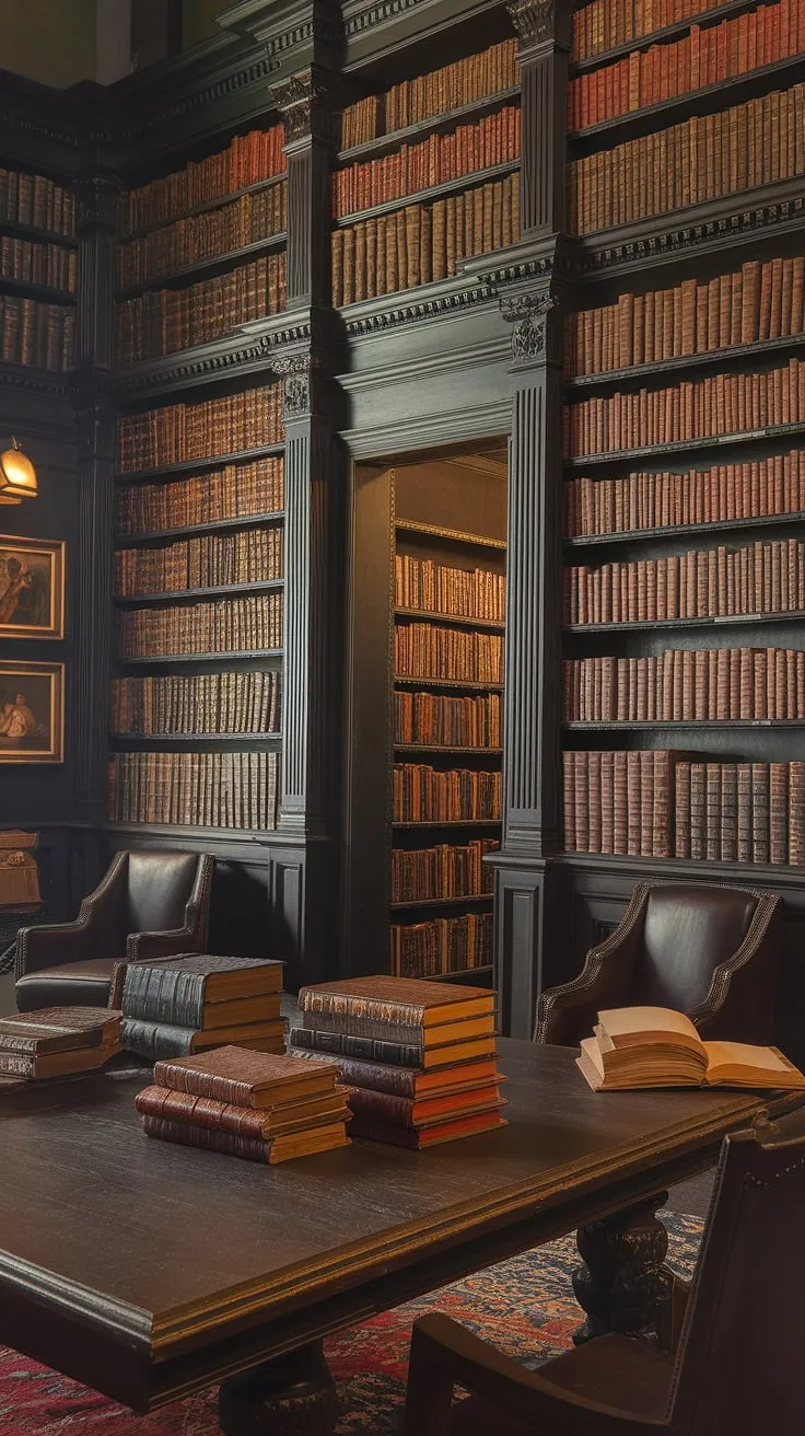 Lost in the labyrinthine shelves of a hidden library, where the scent of aged paper and untold stories hangs heavy in the air. A secret passage awaits discovery behind the dark wood, promising untold adventures. A world of gothic literature and dark academia unfolds.