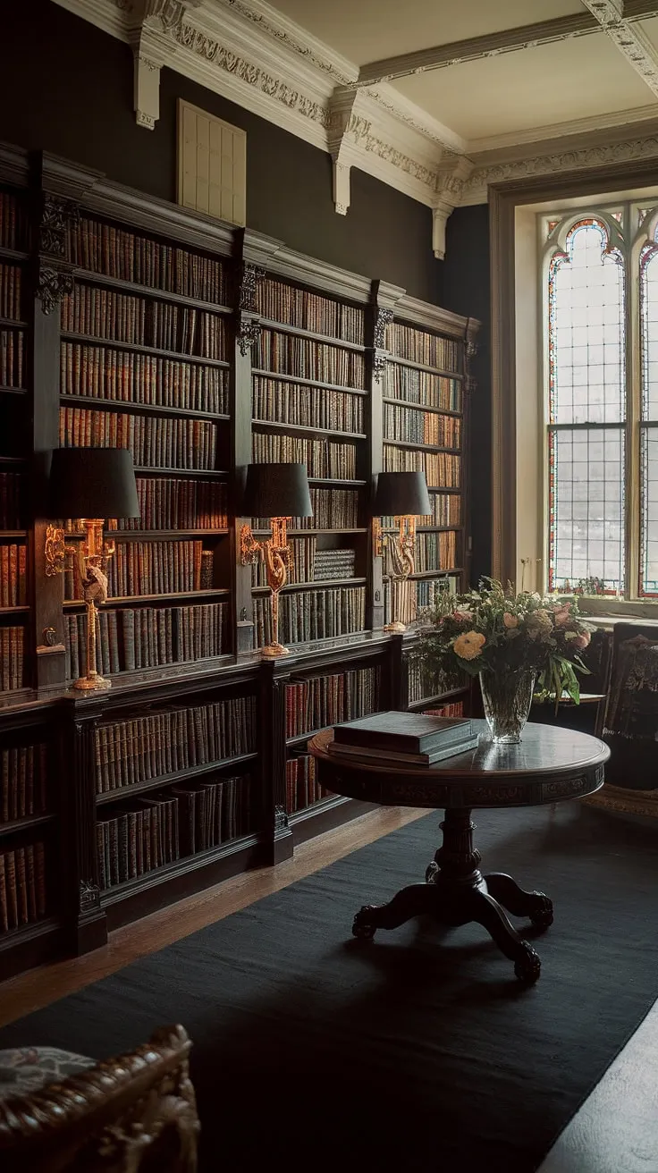 Lost in the labyrinthine shelves of a Victorian library, where shadows dance and gothic tales whisper from leather-bound pages. The scent of aged paper and the soft glow of lamps create an atmosphere of mystery and quiet contemplation. A single vase of flowers offers a fragile counterpoint to the imposing grandeur of the room, a testament to the enduring power of beauty amidst darkness.