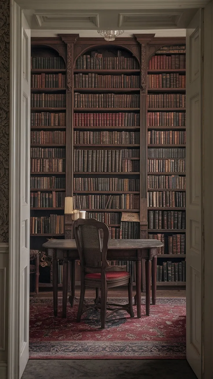 A dimly lit chamber, a treasure trove of forgotten lore. Tall bookshelves overflow with classic gothic literature and dark academia texts, promising untold adventures. A worn wooden table and chair invite contemplation, a patterned rug softens the aged floorboards. A hidden sanctuary, a place of quiet study and scholarly pursuit. A perfect escape.